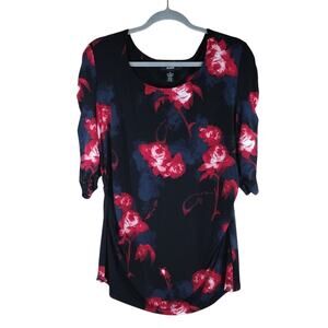 Alfani Red Pink Rose Floral Flowy Ruffled Mid Length Formal Blouse Shirt